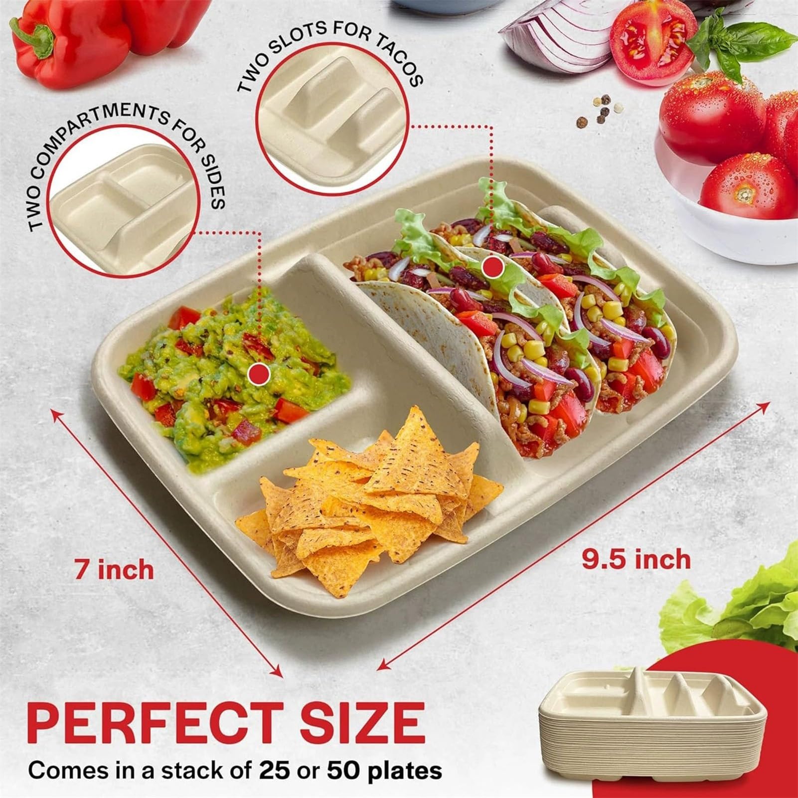 BOPIES Vassoi taco monouso compostabile fibra vegetale due scomparti | Vassoio anti-grasso microonde feste catering camion alimentare messicano(50pcs)