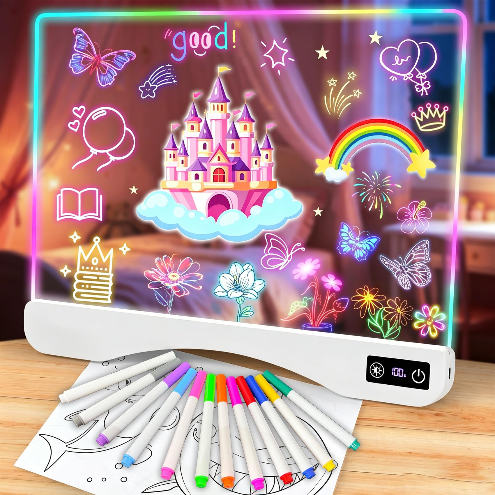 Tavola da disegno a LED con penna a 12 colori, 305x 25cm, lampada da disegno a LED per bambini, in acrilico cancellabile a secco, per appunti, scarabocchiare, da scrivania, regalo per bambini, scuola