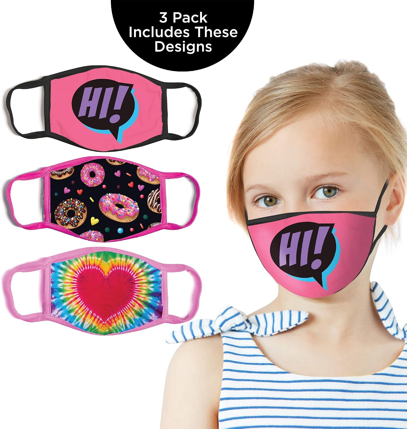 ABG Accessories Girl's 3-Pack Kid Fashionable Protection, Reusable Fabric Face Mask Age 3-7