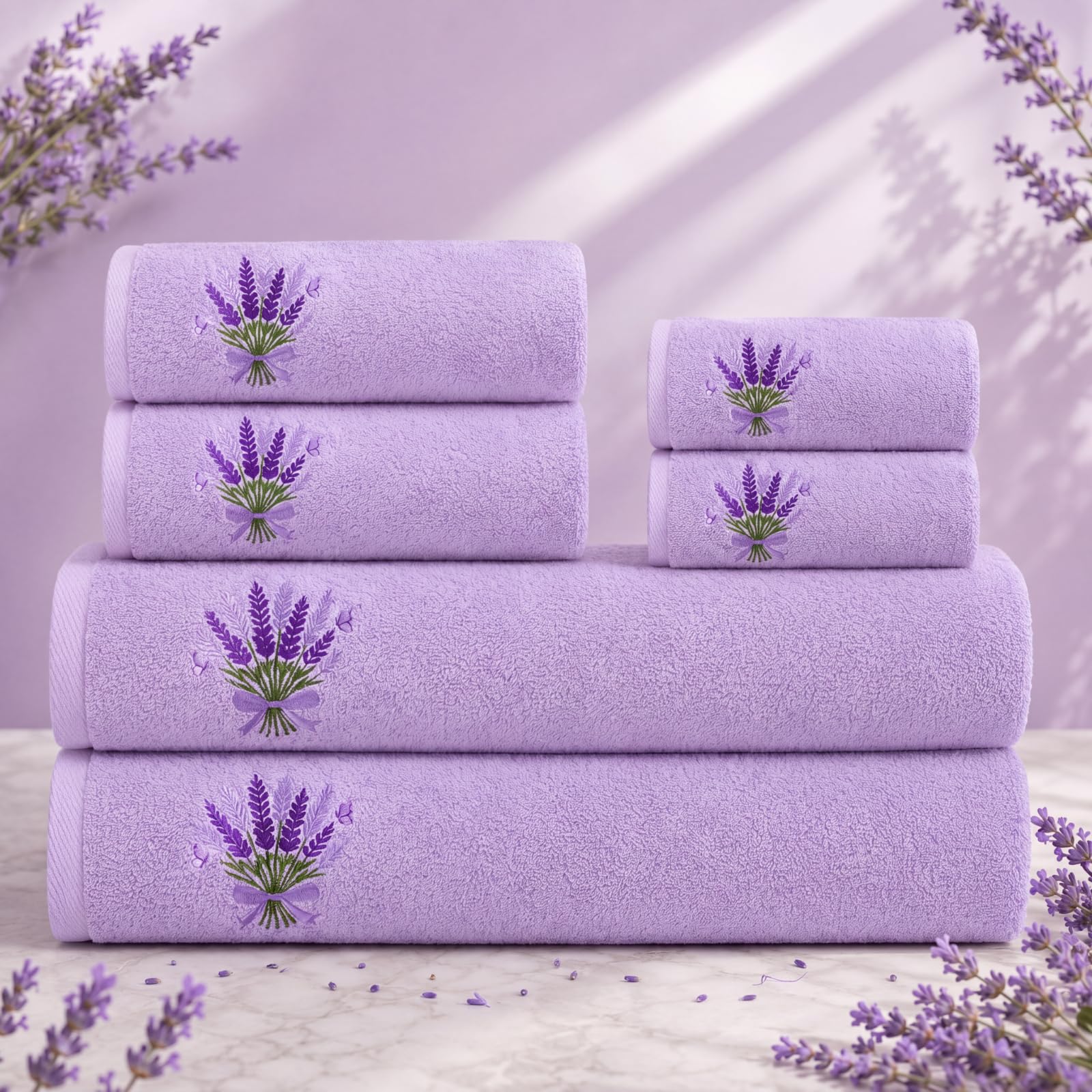Peryiter El juego de 6 toallas de baño de algodón morado lavanda contiene 2 toallas de baño de 28 x 55 pulgadas, 2 paños de mano de 14 x 29 pulgadas, 2 paños de 14 x 14 pulgadas para decoración floral