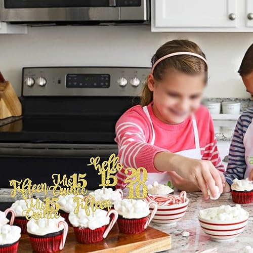 Miniatura 6 de 24 piezas de adornos para cupcakes de cumpleaños número 15 Hello 15 Fifteen Cupcake Picks Mis Quince Since 2009 Decoración para cupcakes para feliz