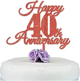 Happy 40th Anniversary Cake Topper - 10th 25th 30th 50th 60th Anniversary Cake Decoration - Silver Pearl Ruby Diamond Golden Anniversary Cake Topper - Glitter Acrylic or Wood Cake Topper