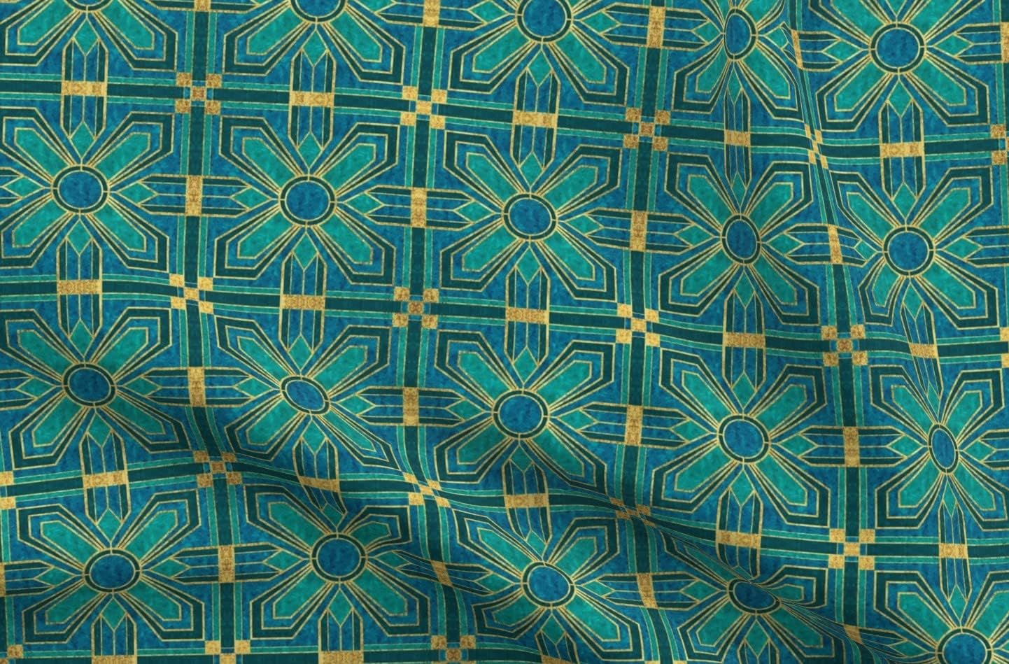 Spoonflower Fabric - Floral Tiles Teal Blue Faux Gold Turquoise Art Deco Large Scale Printed on Upholstery Velvet Fabric Fat Quarter - Upholstery Home Decor Bottomweight Apparel