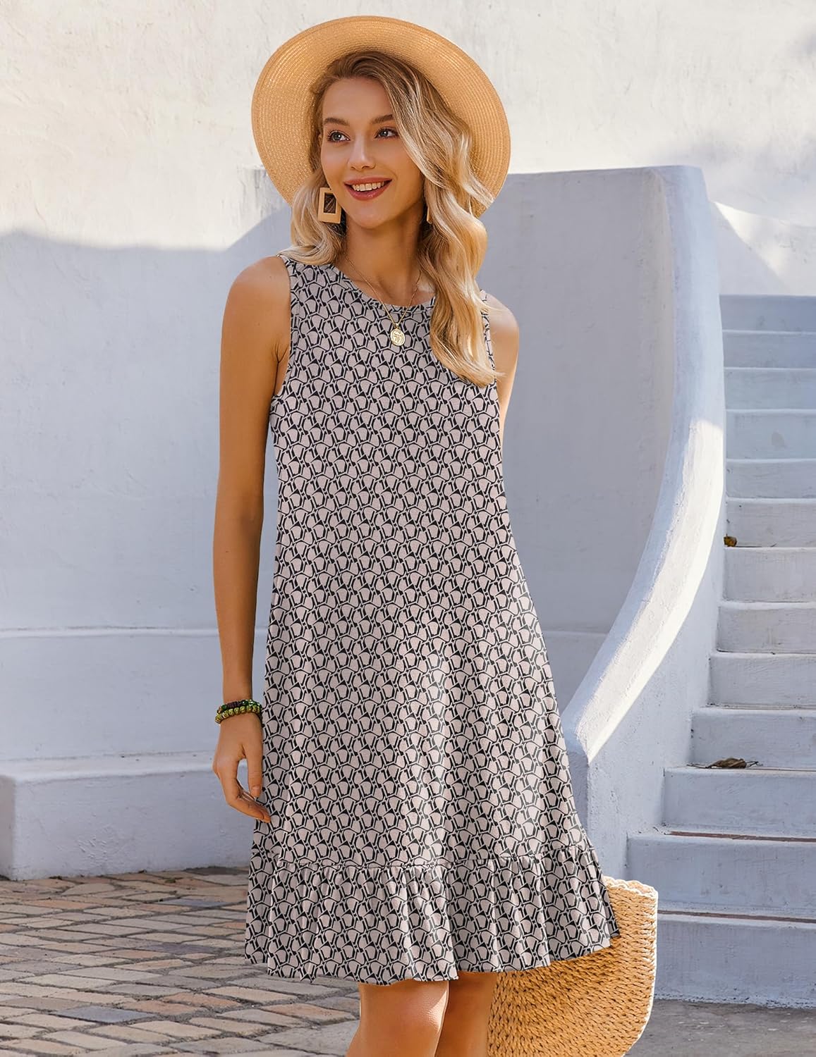 HOTOUCH Women's Summer Dresses Casual Loose Sleeveless Tshirt Sundress Ruffle Hem Tank Dress Beach Dress with Pockets Medium Geometric Print image 3 of 5 B0CNVT5PC4