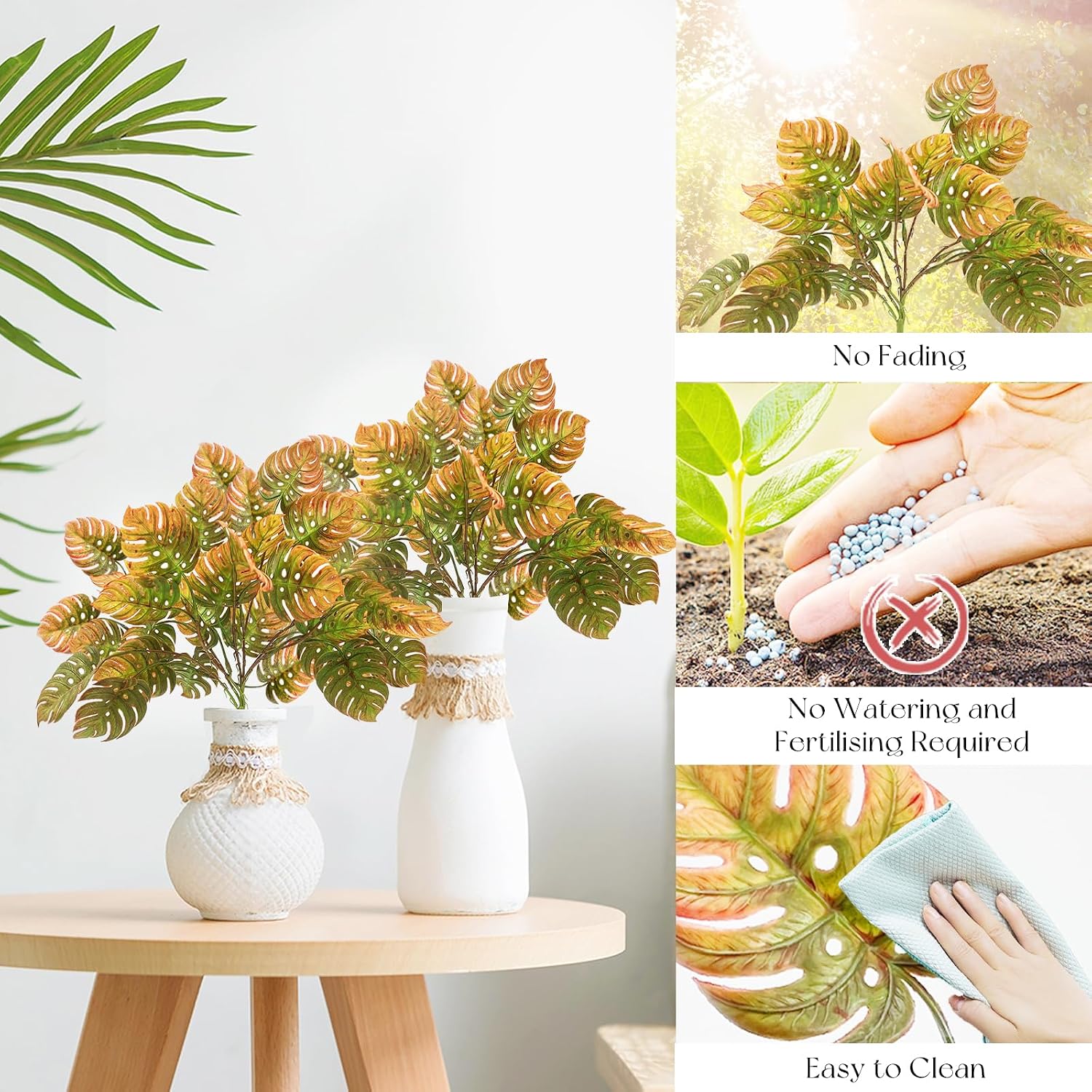 SNAIL GARDEN 42Pcs Leaves Artificial Tropical Monstera Plants,Gradient Color Artificial Palm Leaves with Stems,12in/40cm Real Touch Indoor Faux Monstera Plant for Pot,Fake Cheese Plant for Shelf