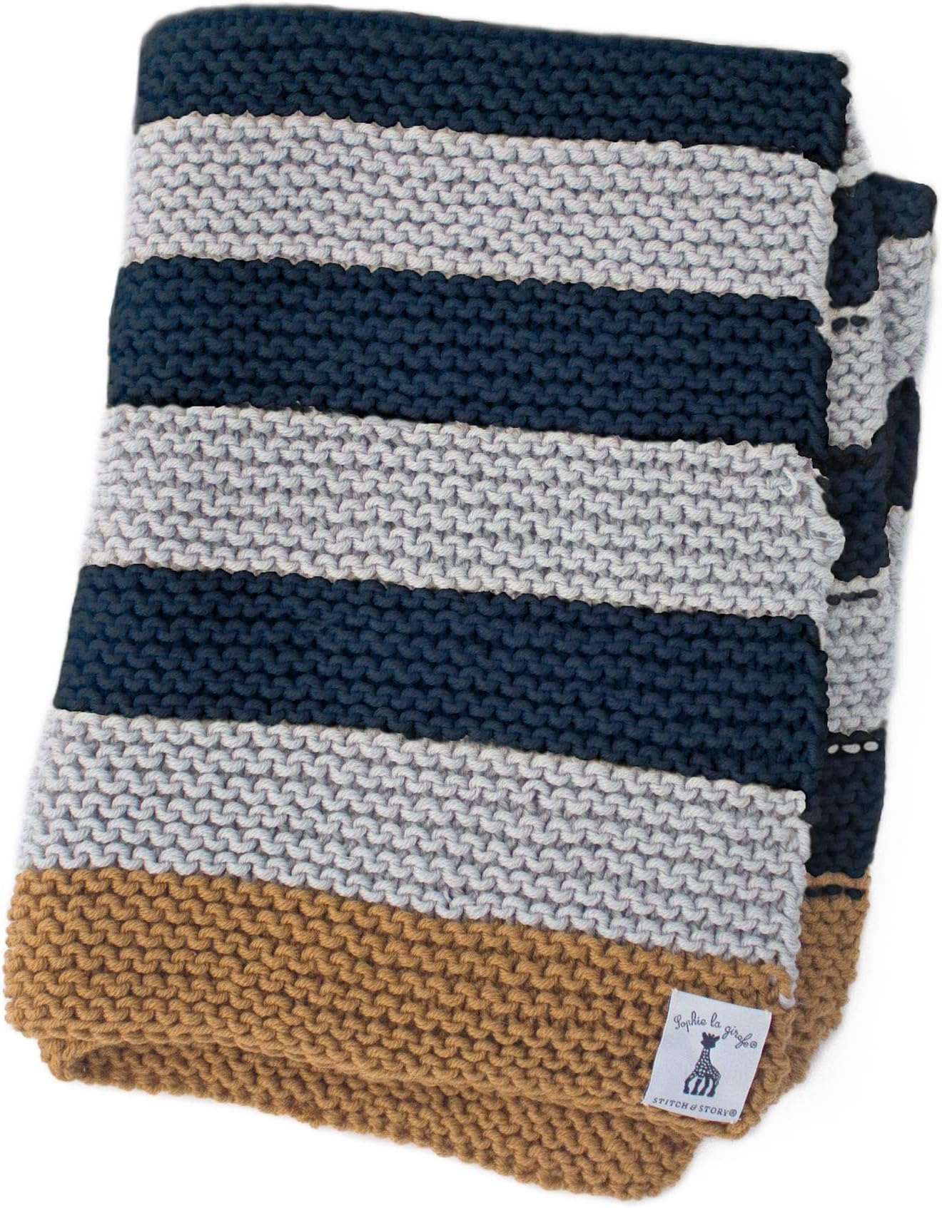 Stitch & Story Sophie La Girafe Sleepy Baby Blanket Beginner Knitting Kit, Tan/Graphite Blue/Dove Grey