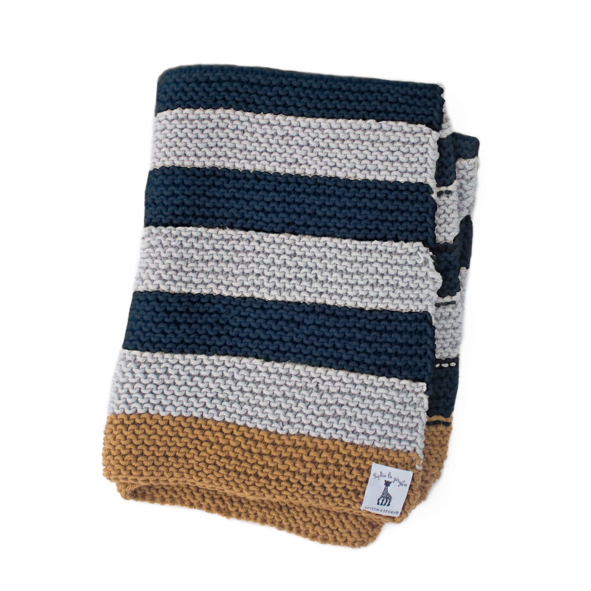 Stitch & Story Sophie La Girafe Sleepy Baby Blanket Beginner Knitting Kit, Tan/Graphite Blue/Dove Grey