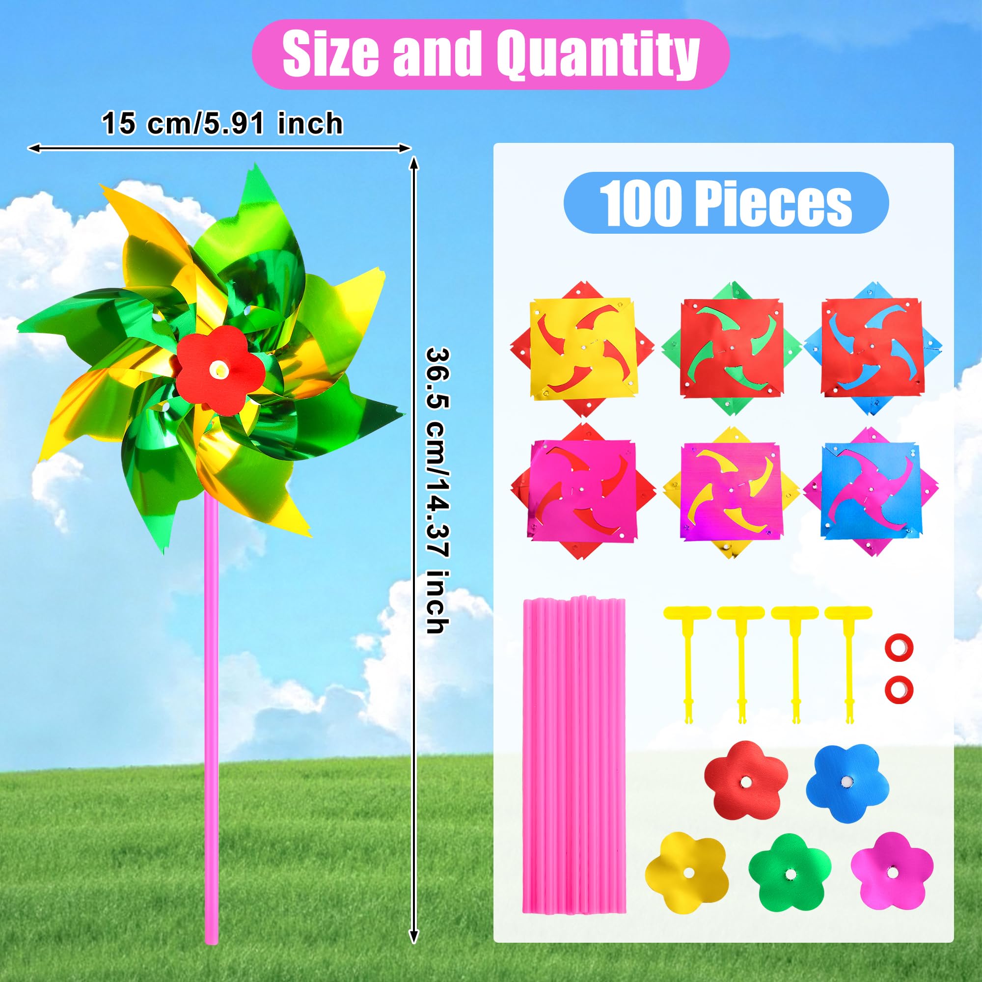 Vivantia 100 Pcs Colorful Pinwheels Reflective Windmills Plastic Outdoor Wind Spinners Bulk Windmills for Garden Yard Farm & Party Decor - Image 2