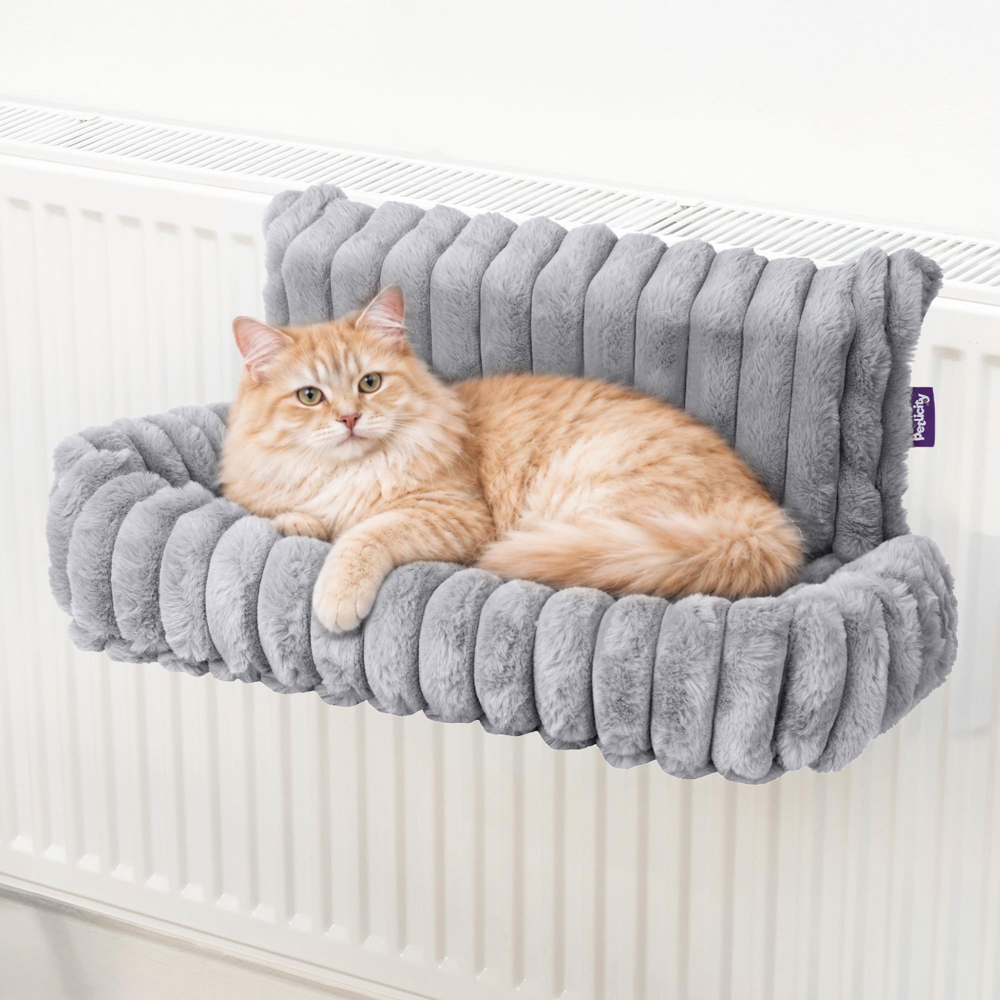 Petlicity Snuggle Padded Cat Radiator Bed - Striped Faux Cover Hanging Cat Bed with Foldable Iron Frame - Machine Washable Cover Hammock Bed for Cats, Kittens, Radiators (Grey)
