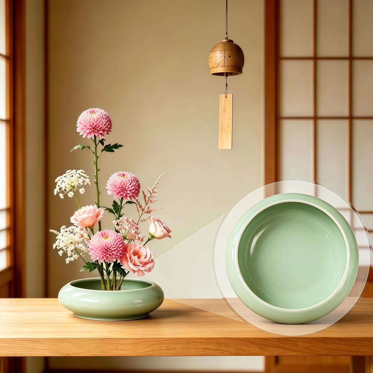Ikebana vase kit Ceramic Flower Frog Set Kenzan Flower Shallow Bowl Flower Arrangement Kit Zen Decor for Home Office (Light Green)