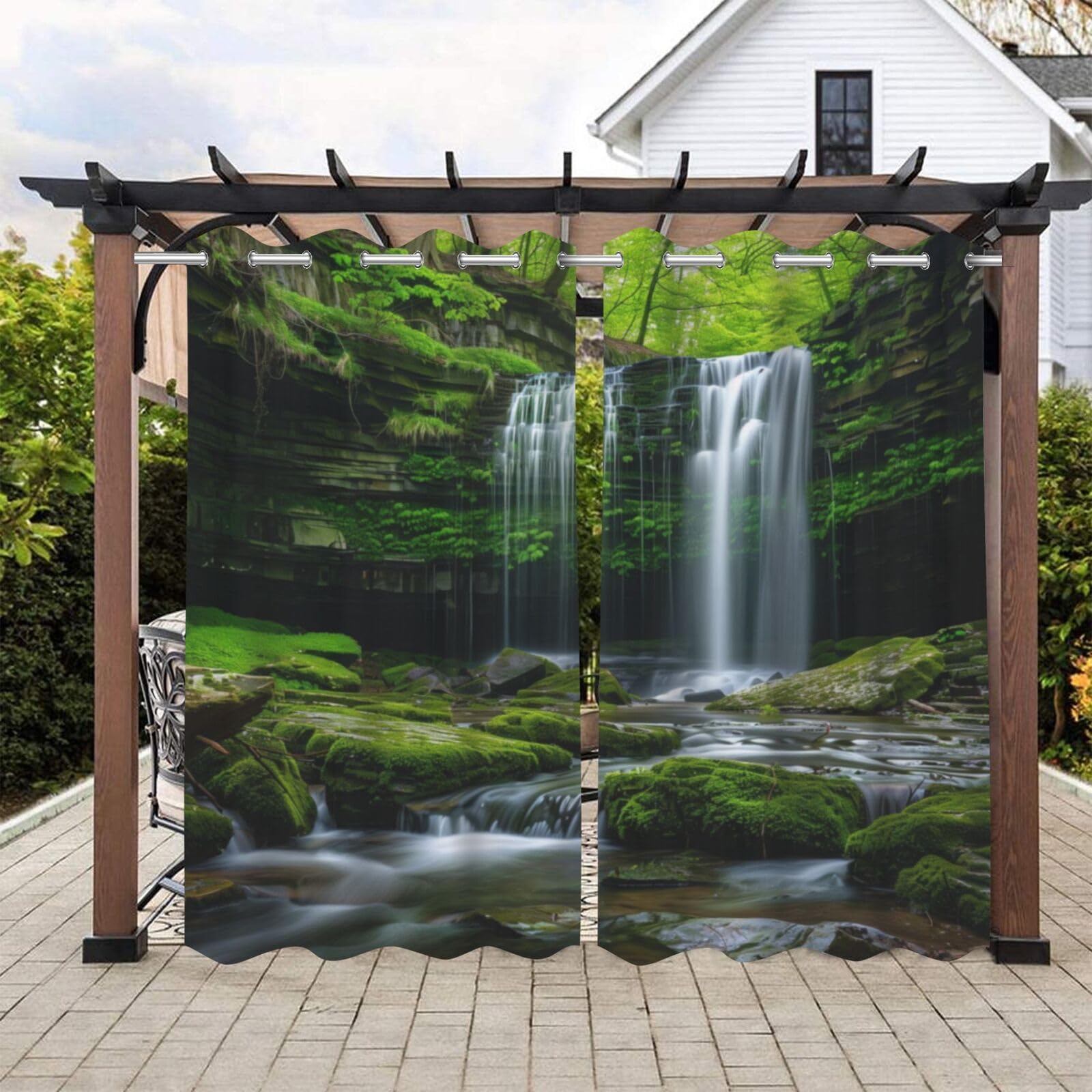 Natural landscape theme Outdoor Curtains for Patio Waterproof,forest trees plants and waterfalls pattern,UV and Fade Resistant Outside Curtains for