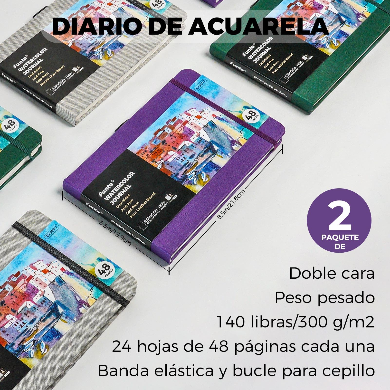 Funto Diario de acuarela, 8.5 x 5.5 pulgadas, paquete de 2, 48 páginas cada uno, cubierta de cuero morado, prensado en frío, bolsillo interior de papel, suministros de arte para medios mixtos — view 2