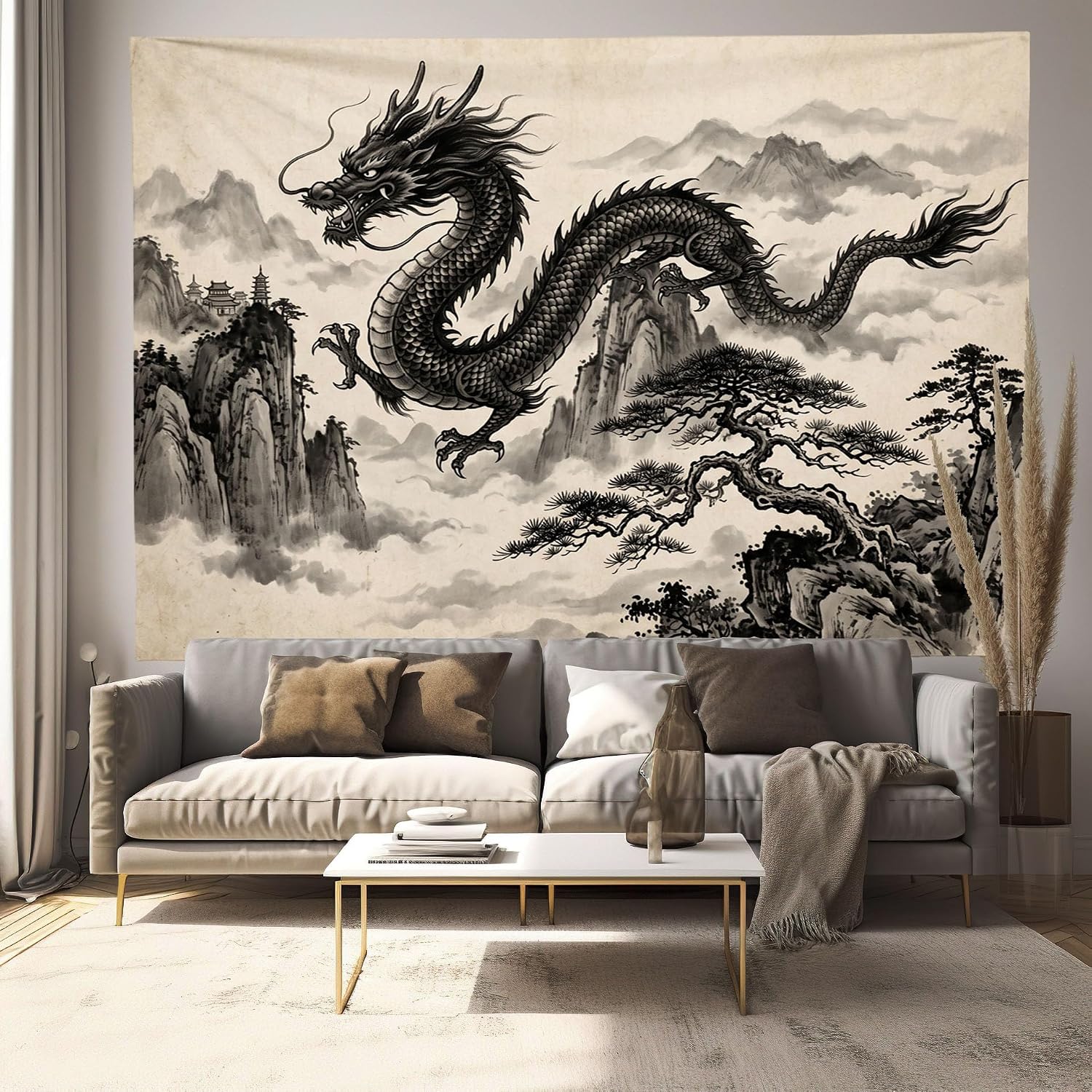 JRISEMECY Oriental Dragon Mountain Tapestry Wall Hanging Chinese Ink Painting Landscape Wall Art | Beige Tapestries Decor For Bedroom Living Room Dorm Home Aesthetic Decoration 40 X 30 Tapestry image 4