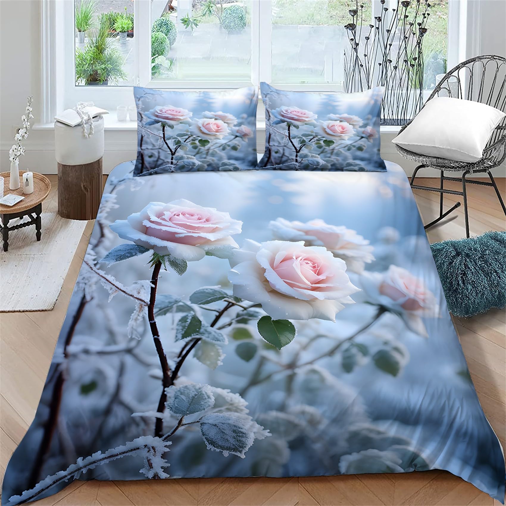 Housse de Couette 220 x 240 Rose avec 2 Taies d'Oreiller pour Lit 2 Personnes