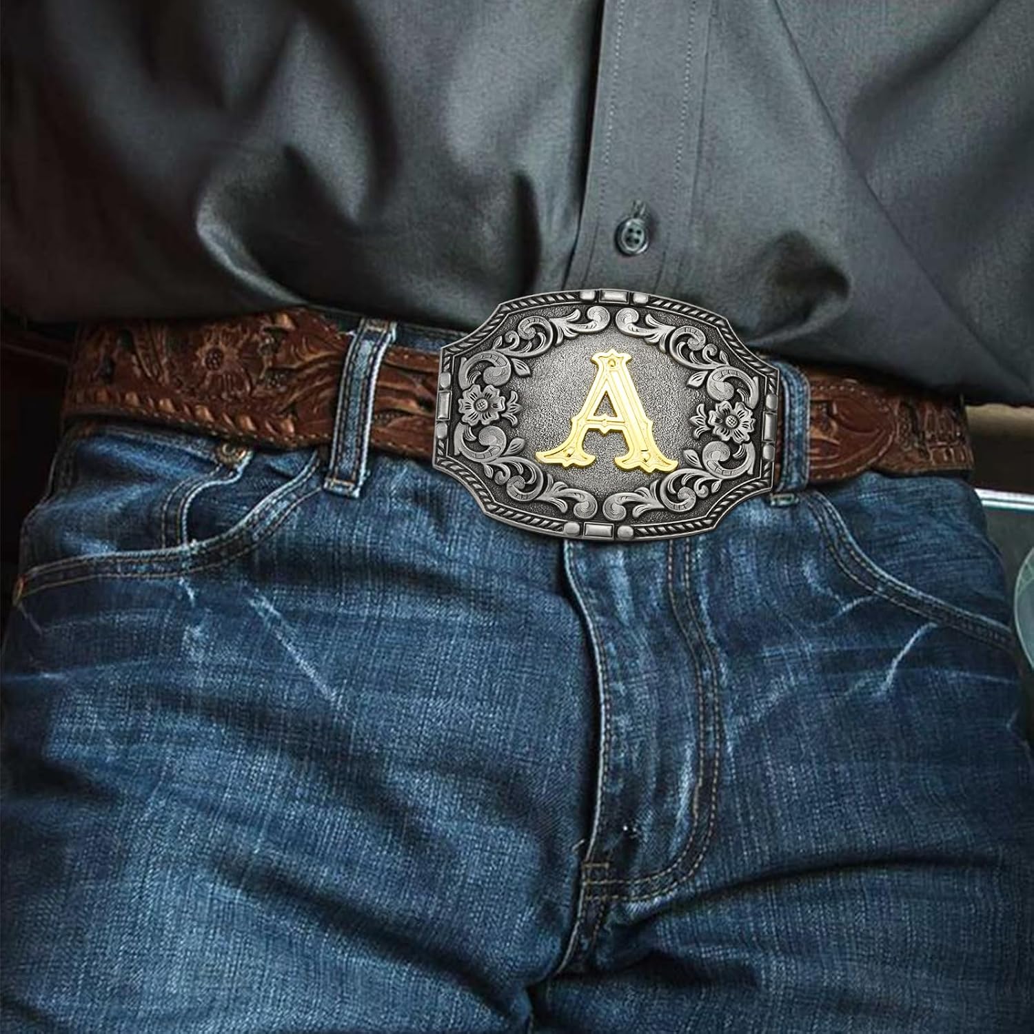 Western Initial Letters Belt Buckle ABCDEFG to Z Silver Cowboy Rodeo Belt Buckle for Men Women Cowboy Cowgirl