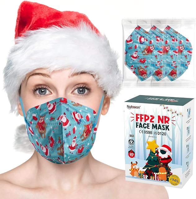 Nufasion 20pcs Christmas FFP2 Face Mask, CE Certified KN95 Mask 5-Layer Filtration Rate Over 94% Protective FFP2 Mask Individually Packaged Face Mask High Filter Respirator Mask For Adults&Teens