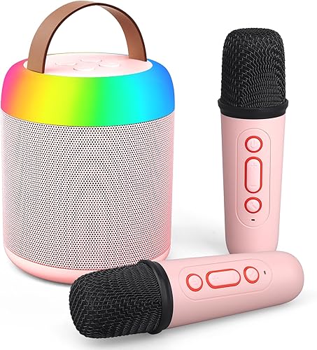 Mini máquina de karaoke para fiestas de juguete para niños, altavoz portátil de juguete de karaoke LED con 2 micrófonos inalámbricos para niñas y