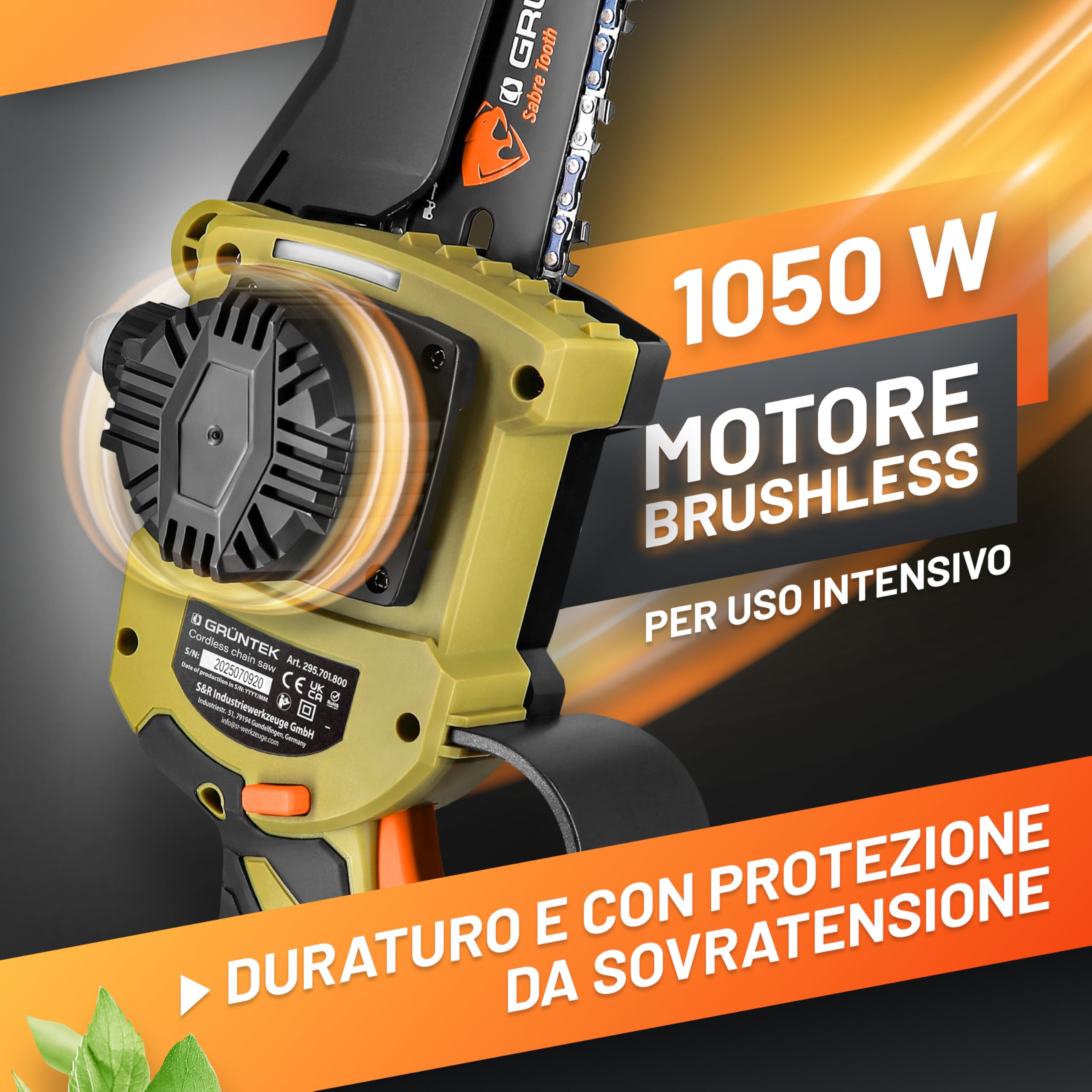 GRÜNTEK Mini Motosega a Batteria 1050W. Motosega Elettrica 6" e 8". Sega Elettrica per Potatura Brushless. Seghetto Elettrico per Legno. Lubrificazione Automatica. Potatore con 2 Batterie 21V.