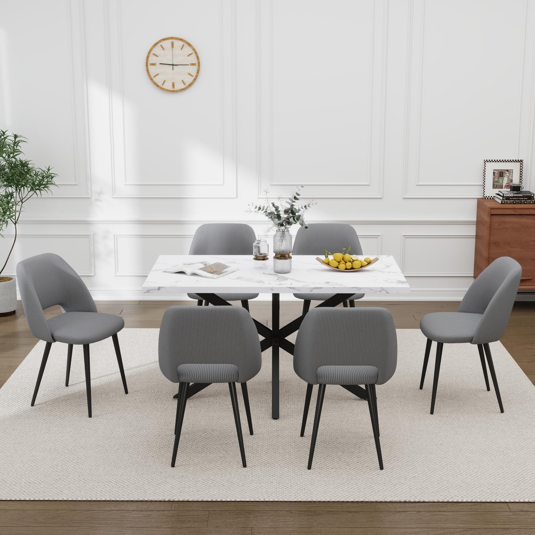 Esstisch und Stuhlset, Rechteckiger Esstisch 140 * 80 * 75 cm, 6 Gepolsterte Küchenstühle, 7 Teiliges Esszimmer und Stuhlset, für Esszimmer, Küche (Marmormuster + Grau)