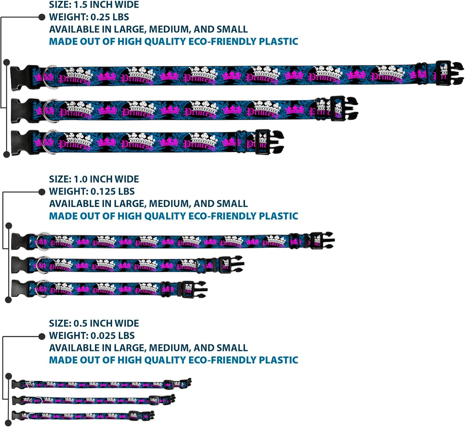 Buckle-Down Plastic Clip Collar - Crown Princess Oval Black/Turquoise - 1.5" Wide - Fits 16-23" Neck - Medium