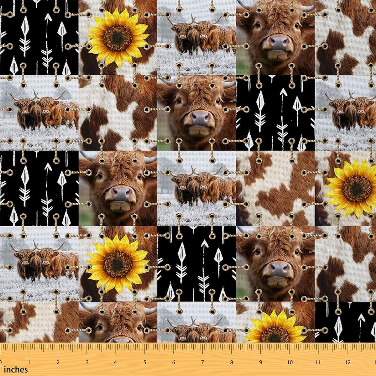 Highland Cow Fabric by The Yard Kids Boys Girls Sunflower Cowhide Print Decorative Waterproof Outdoor Fabric Farmhouse Cow Fur Print Upholstery Fabric for Chairs Boho Arrow Animal DIY Fabric, 5 Yards