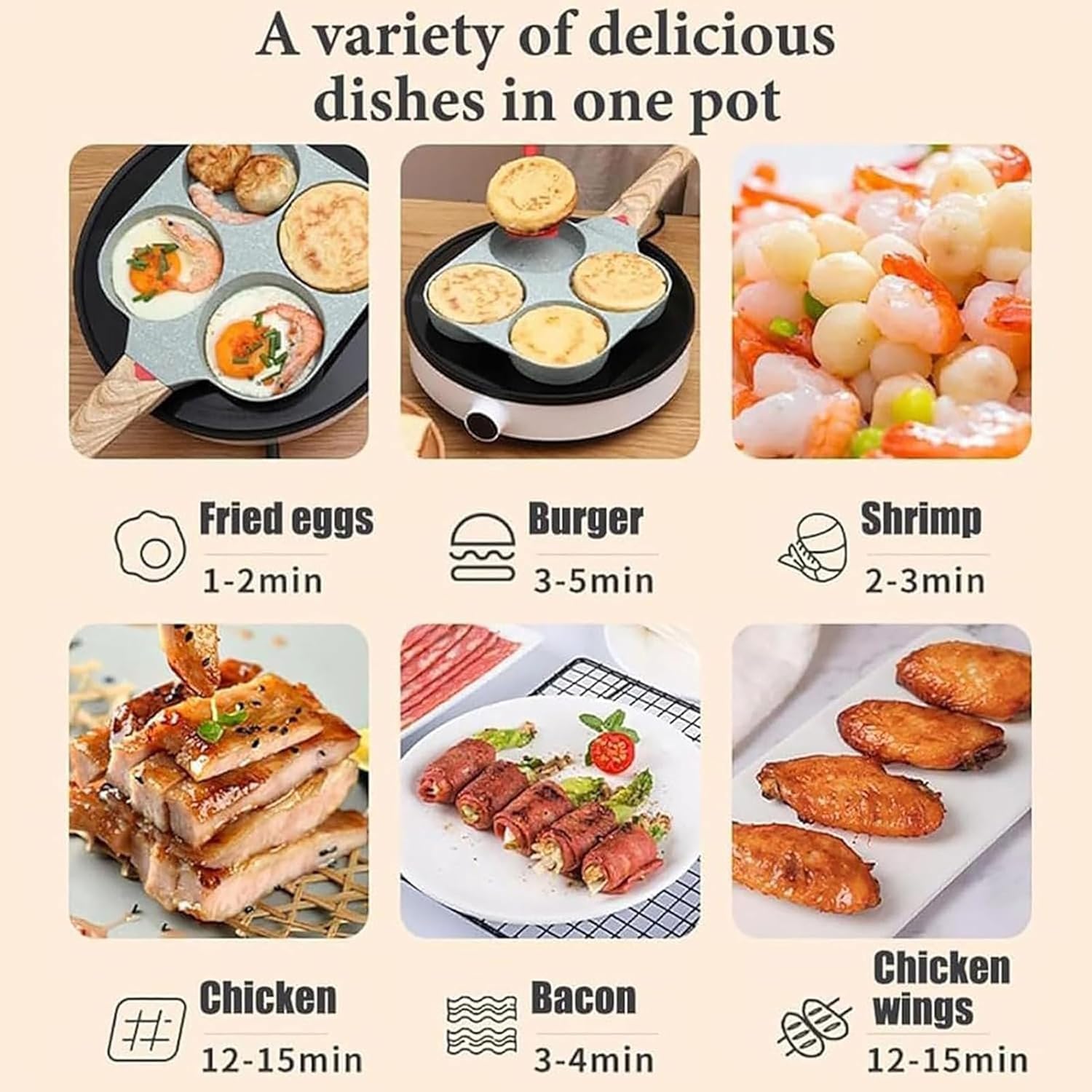 Purposean Non-Stick Egg Frying Pan, 4 Holes Skillet with Handle, Omelet Non Stick Cookware Fry Pans, Suitable for Gas Stove & Induction Cookware. (White)