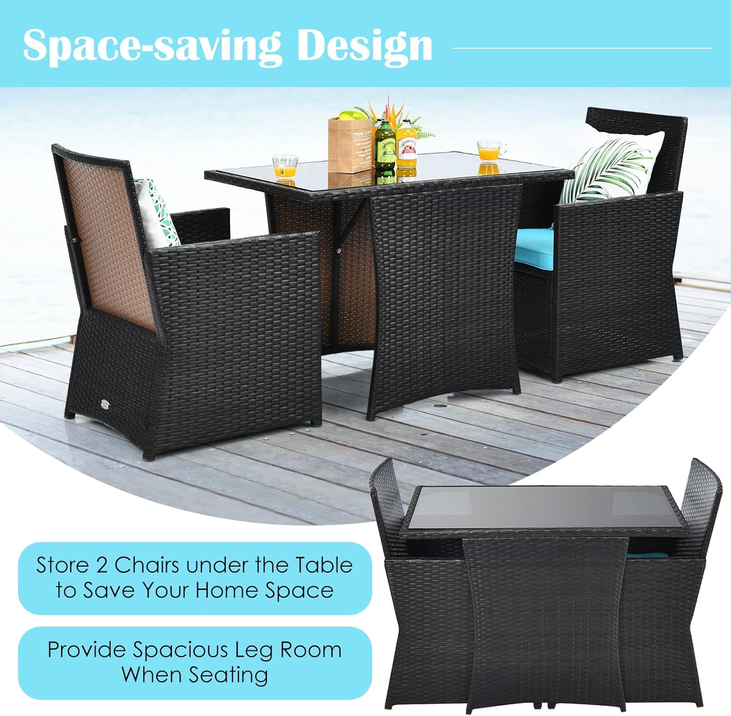 KOTEK 3 Piece Outdoor Dining Set, PE Rattan Dining Table & Chairs Set with Tempered Glass Top & Cushions, Wicker Conversation Set, Patio Bistro Set for Backyard Garden Porch (Turquoise)