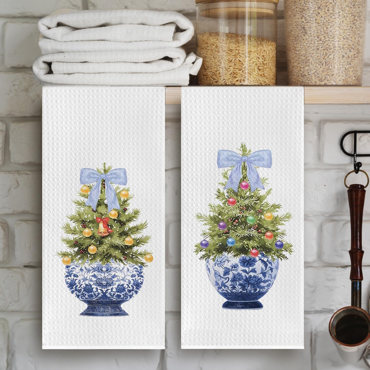 Coquette Blue Bows Chinoiserie Christmas Kitchen Hand Towels for Women, Decorations With Trees 16 X 24 Section 1