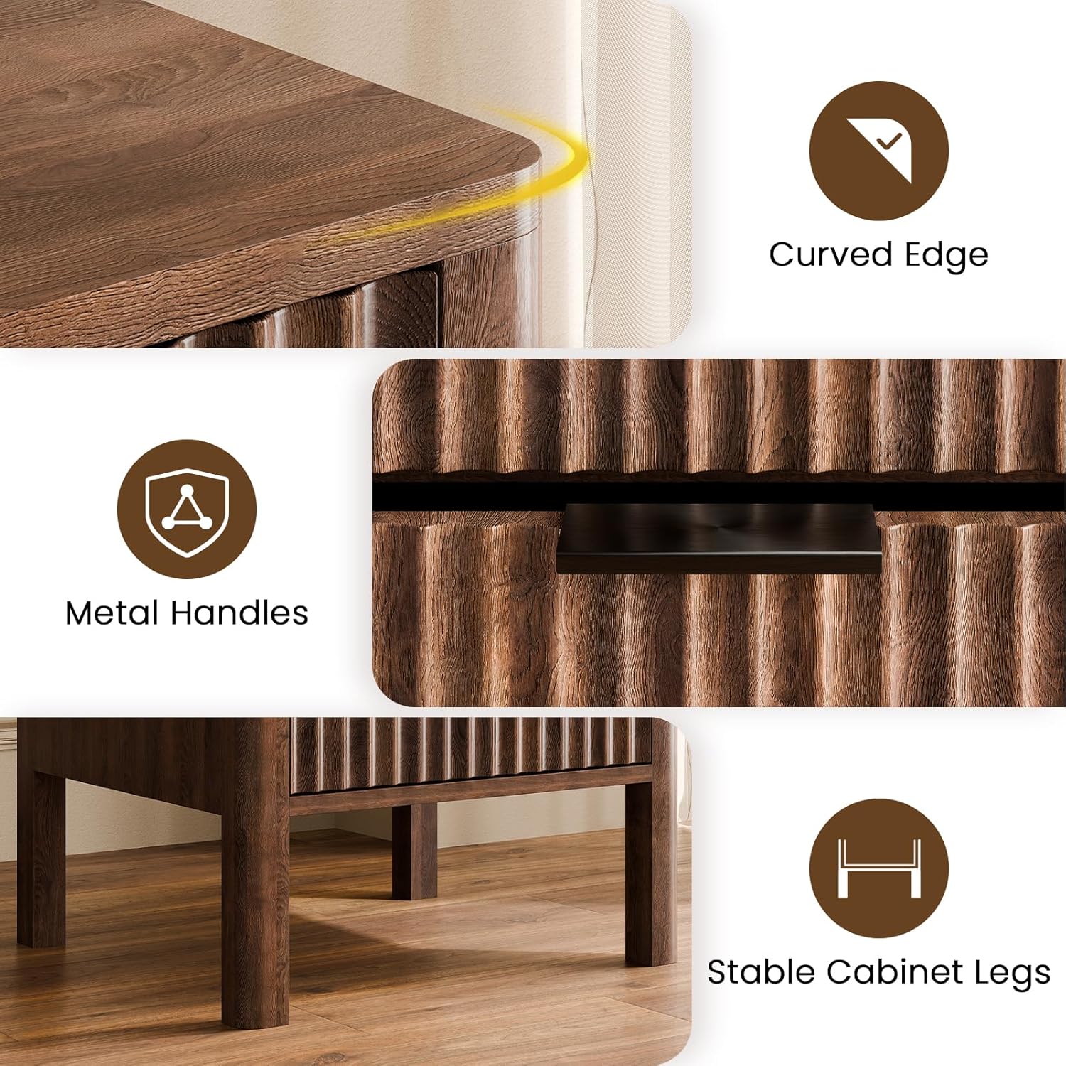 18" Fluted Nightstands Set of 2, Bed Side Tables with Drawers for Bedroom Mid Century Modern Night Stand Wood Nightstand Small End Table Bedroom Set, Walnut