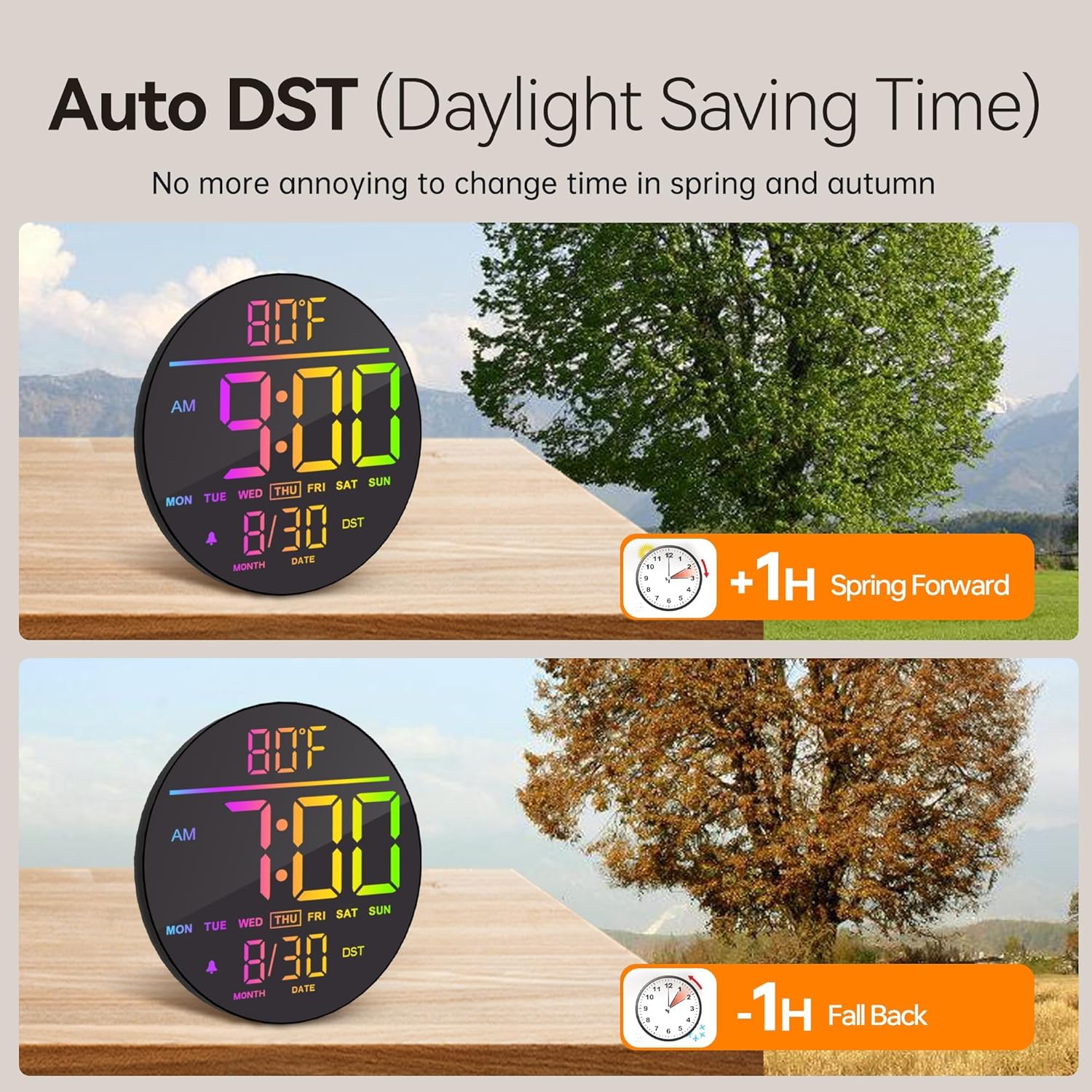 JALL 10" Large Digital Wall Clock with Seconds, Alarm Countdown Timer, Big LED Display, RGB Color, DST, Temperature, Mounted for Bedroom Living Room Office Classroom Gym, Xmas Birthday Gift, White
