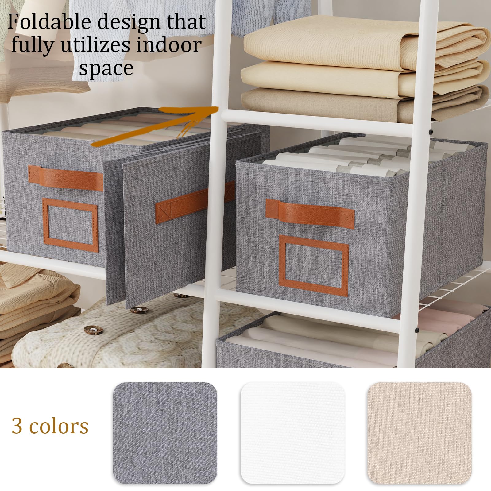 OUTBROS 3 Piezas Cajas Almacenamiento Plegables para Ropa, Cubos Armario 7 Rejillas, Organizador Cajones Gris