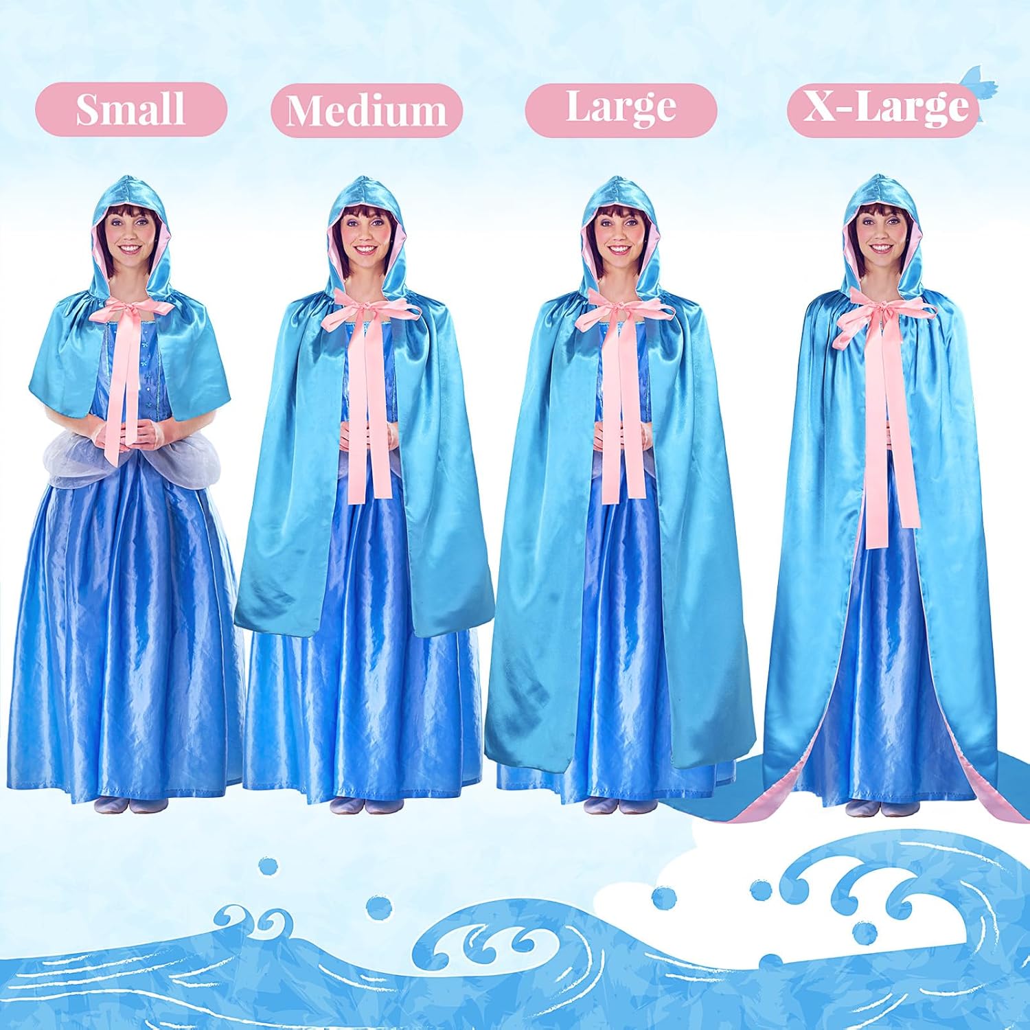 Haysandy Blue Fairy Hooded Cloak Costume, Polyester Cape Cosplay Cloak Princess Costume with Pink Ribbon for Women - Image 3