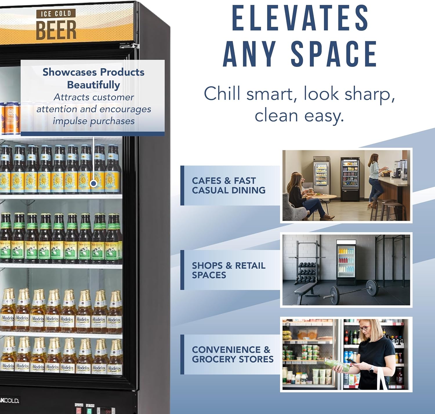 PEAKCOLD 1-Door Display Refrigerator - 23 Cubic Ft, Energy Efficient, Black Merchandiser Refrigerator With Glass Door, White Interior & LED Lighting - Commercial Display Cooler