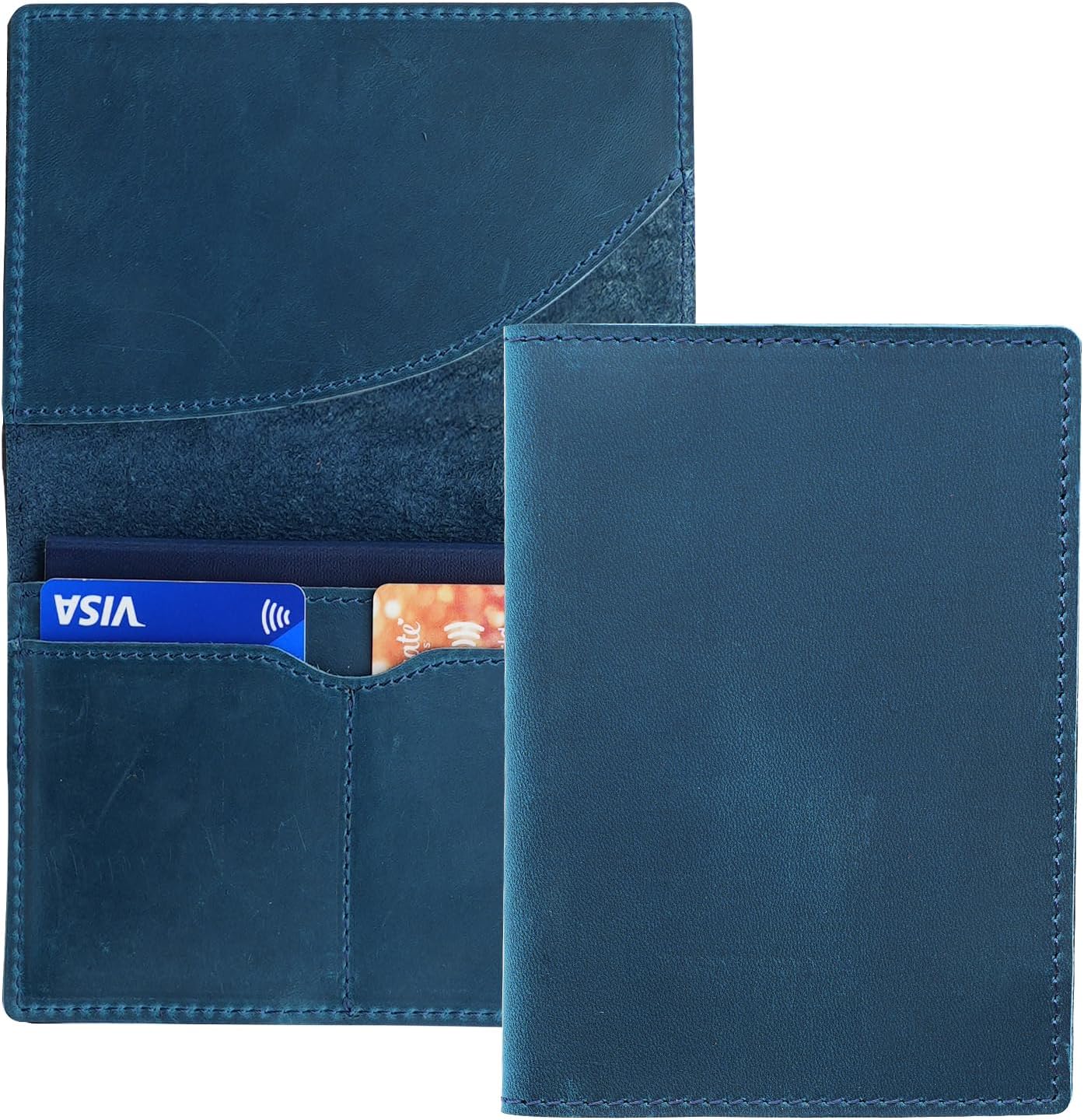 Leather Passport Holder with Travel Wallet, Genuine Leather Passport Cover- Passport Wallet, Leather Folding Wallet for Passports (Oval Cut, Blue) Leather Passport Holder with Travel Wallet, Genuine Leather Passport Cover- Passport Wallet, Leather Folding Wallet for Passports (Oval Cut, Blue)