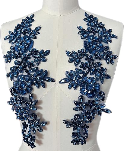 Miniatura 38 de 1 par de accesorios de apliques de encaje con diamantes de imitación, cuentas de vidrio, parches para decoración de vestidos de novia de niña