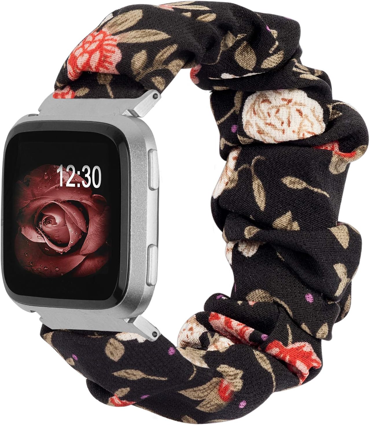 TOYOUTHS Scrunchie Bands Compatible with Fitbit Versa/Versa 2/Versa Lite Special Edition Women and Men Elastic Fabric Strap Pattern Replacement Bracelet Wristband Accessories(Black/Red Floral, Small)