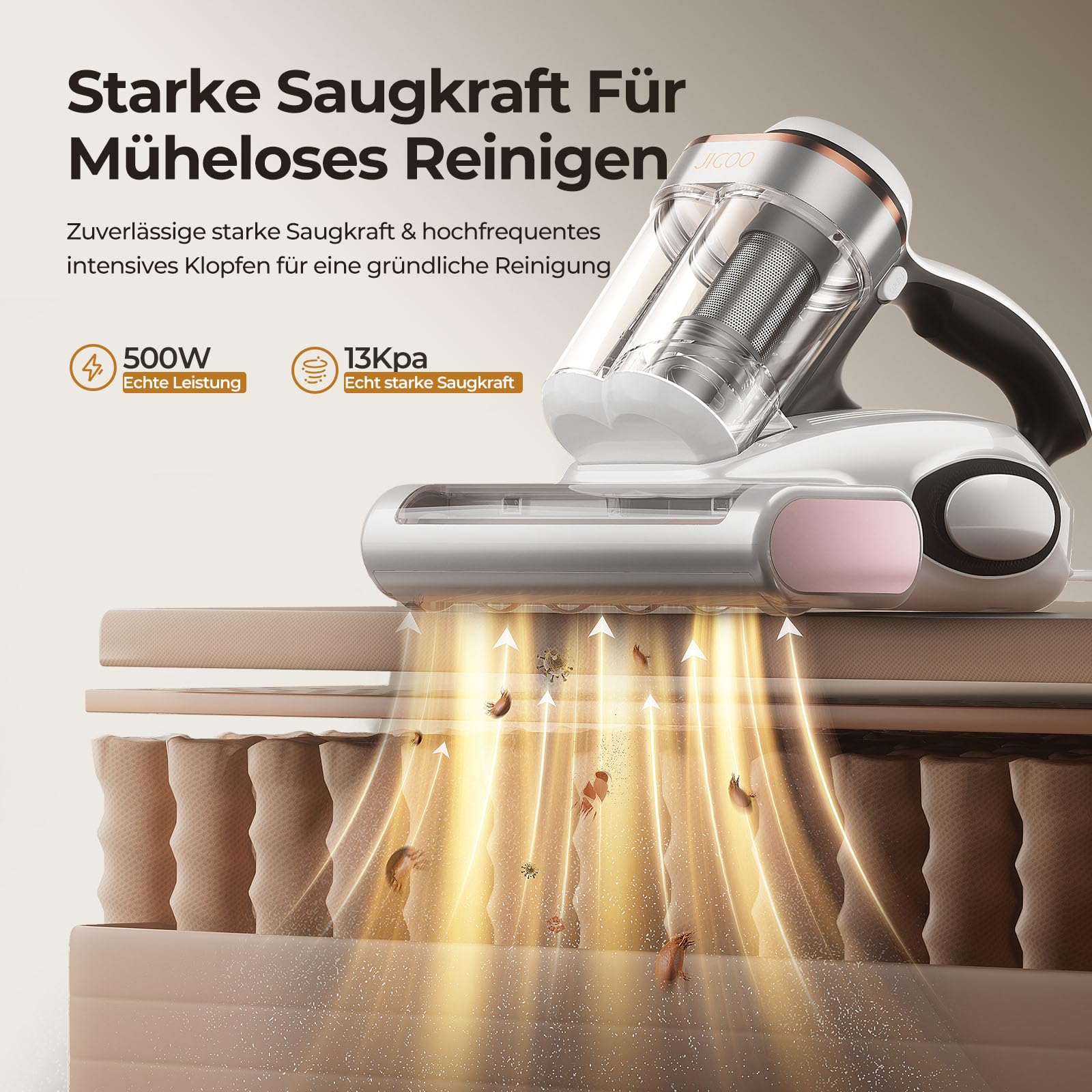 JIGOO J300 Milbensauger mit Staubmilben-Sensor und Intelligenter LED-Anzeige, 500W Milbenstaubsauger mit UV-Licht, Ultraschall, Für Allergiker, entfernt 99,9% Allergene von Matratzen, Betten und Sofas