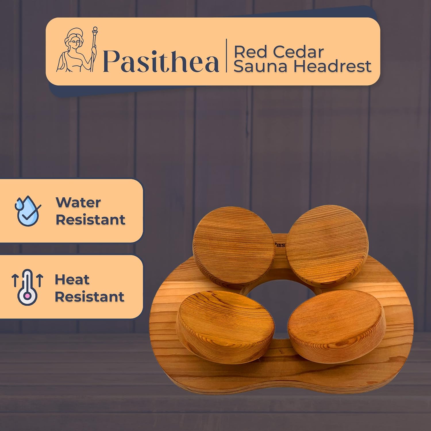 Pasithea Canadian Red Cedar 4-Point Sauna Headrest - Pack of 1 Comfortable Sauna Pillow w/Unique Adjustable Discs for Optimal Head Support - Wooden Headrest Pillow for Infrared or Traditional Spaces
