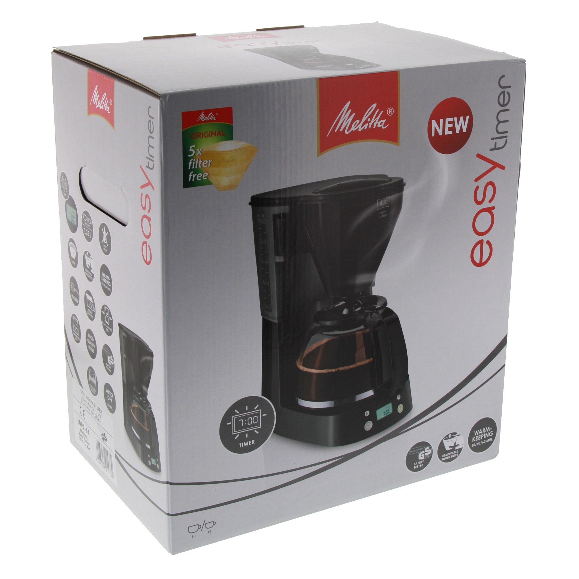 Melitta Cafetera de Goteo Easy Timer 1010-04, Función Temporizador, Programable, Mantiene el Calor, Jarra Vidrio, Negro (1010-14)