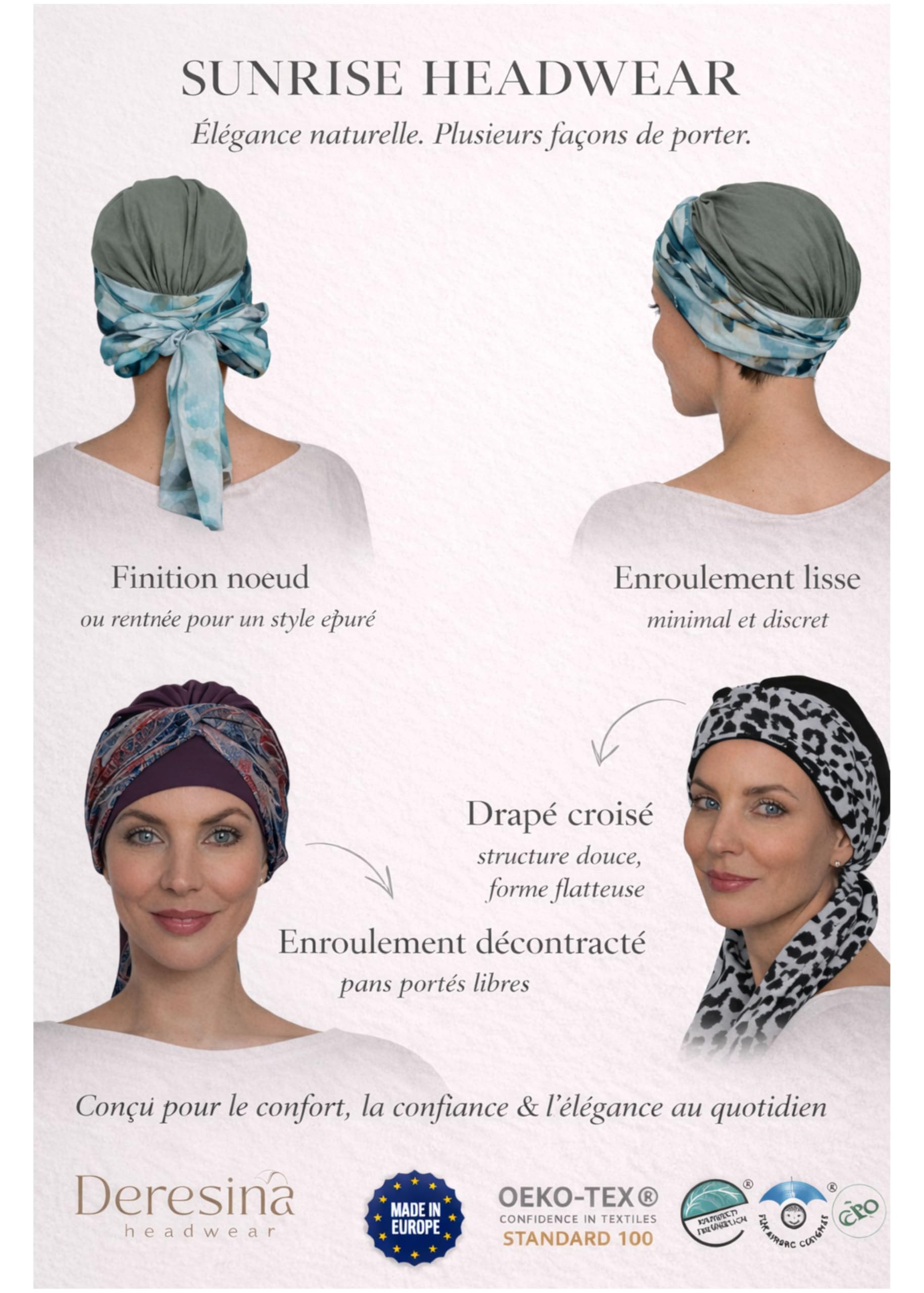 Deresina Casquette Sunrise avec écharpe attachée pour perte de cheveux, chimio pour femme