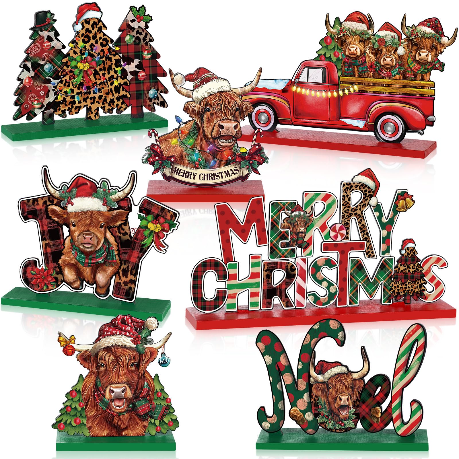 Blosssound 7 Pcs Highland Cow Christmas Decorations Wooden Christmas Tabletop Decor Cow Table Centerpieces Merry Christmas Table Top Signs for Xmas Winter Holidays Farm Themed Party Decor Supplies
