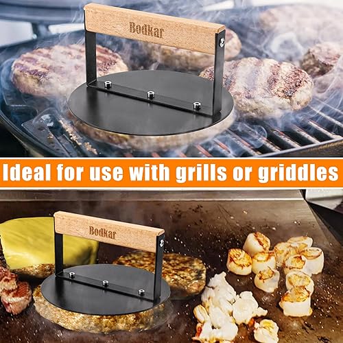Miniatura 7 de Smash - Prensa de hamburguesas de 6 pulgadas, prensa redonda para parrilla de tocino, prensa de carne y carne con mango de madera