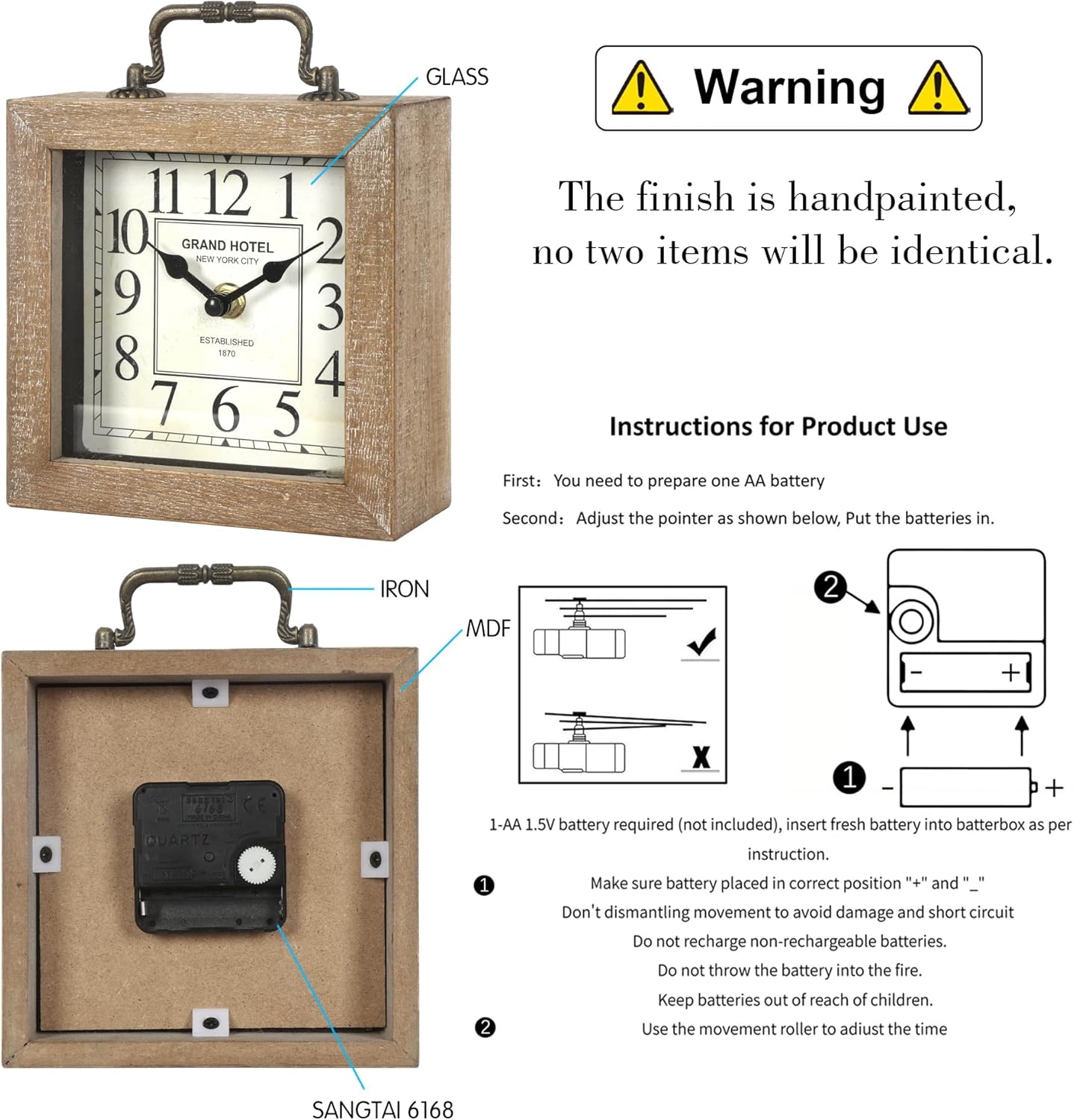 Retro Desk Clock, Vintage Table Mantel Clock, Wooden Table Clock for Living Room, Bedroom, Shelf Decoration, Farmhouse Decor (Wood Color)