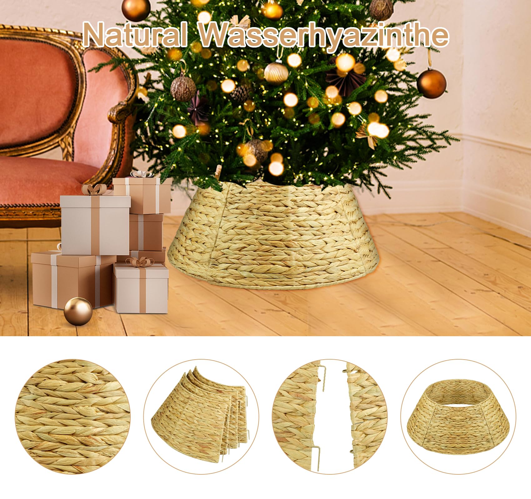 Rattan Weihnachtsbaumrock Ø 60 cm, 4 Teile Abdeckung für den Christbaum Ständer Abnehmbar, Weihnachtsbaum Kragen Tannenbaum Rock, Abdeckung für Christbaumständer Korb