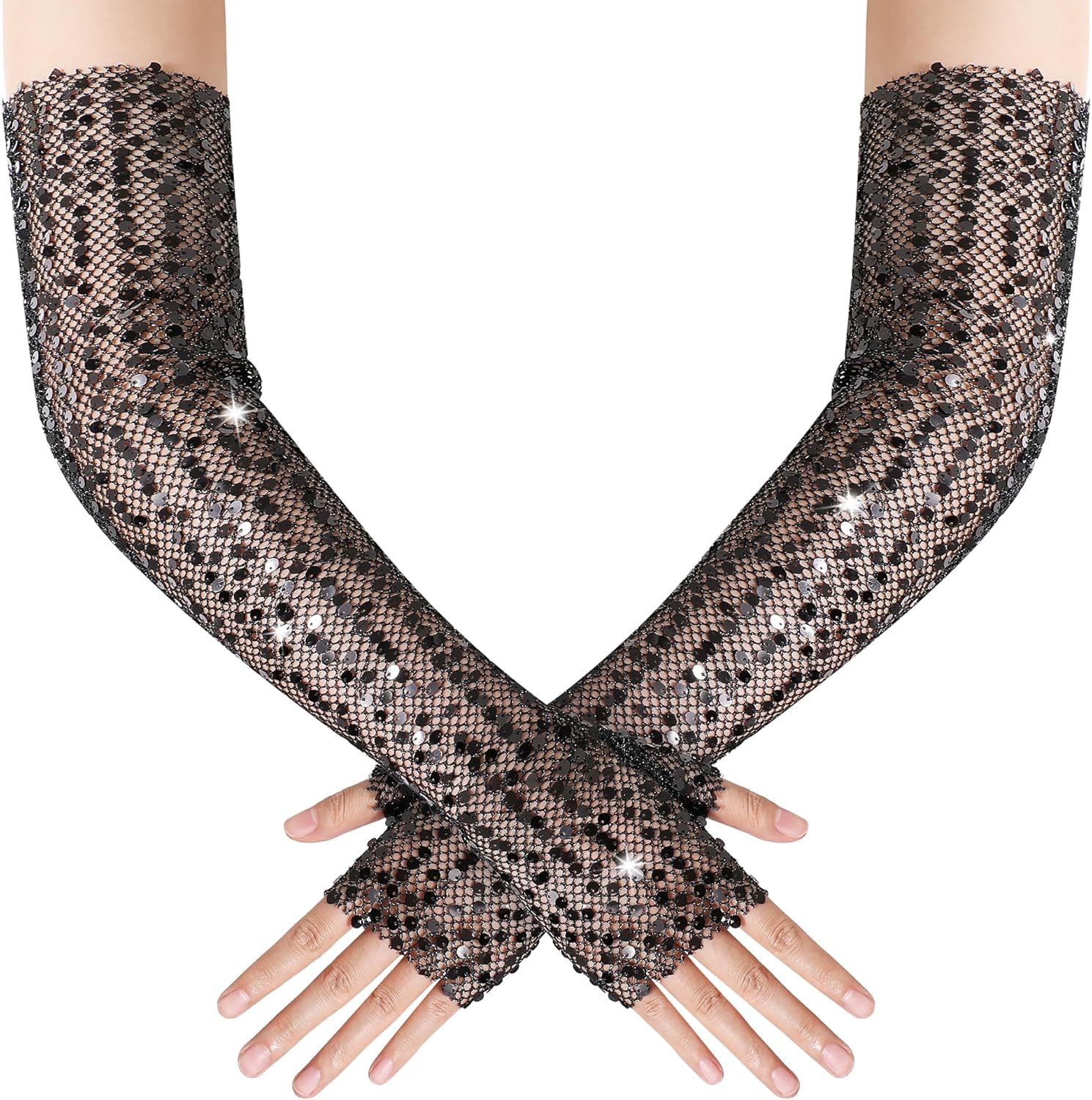 BABEYOND Opera Gloves for Women - Long Fingerless Sequin Sparkling Glitter Gloves Tea Party Stretchy Adult Size Elbow Length - Image 2