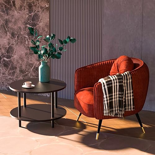 Miniatura 4 de Vanrohe Mesa de centro redonda para sala de estar mesa central rústica de 315 pulgadas 2 niveles con estante de almacenamiento abierto para