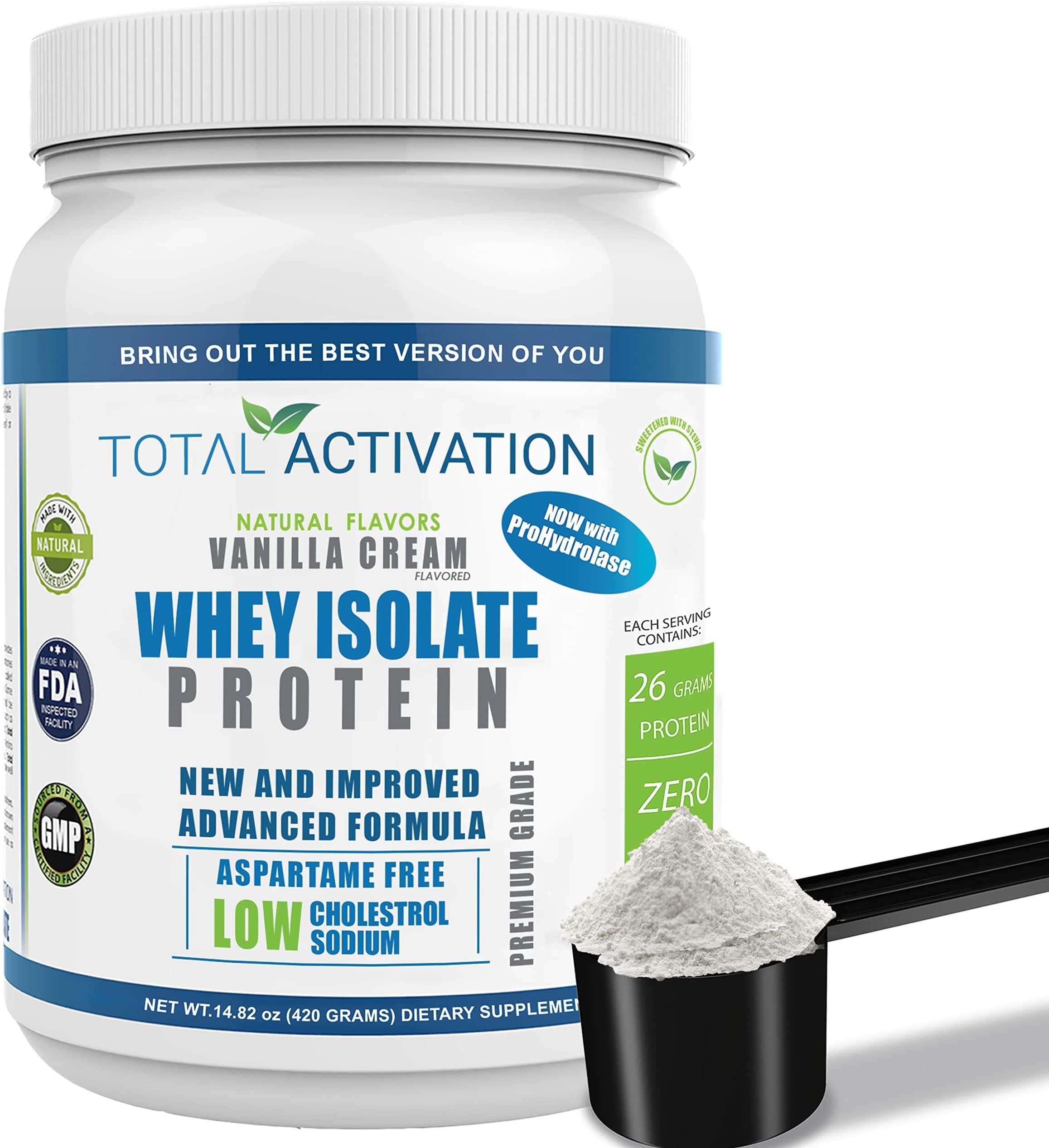 Total Activation Vanilla Whey Isolate Protein Powder with Prohydrolase, Keto, Gluten & Lactose Free Meal Replacement Supplement, Sweetened by Stevia for Women & Men 14.82 oz