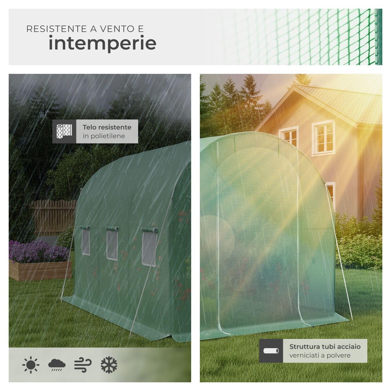 tectake® Serra da Giardino in Acciaio e PVC, Politunnel con 6 Finestre e Zanzariera, Casetta per Coltivazione Orto e Fiori, Serra per Piante, Resistente al Gelo - Verde- 343x200x200 cm - 7 m²