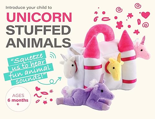 Miniatura 2 de Juego de unicornios mágicos y castillo con sonidos, 5 piezas de animales de peluche pequeños de unicornio más portador de castillo mágico con asa,