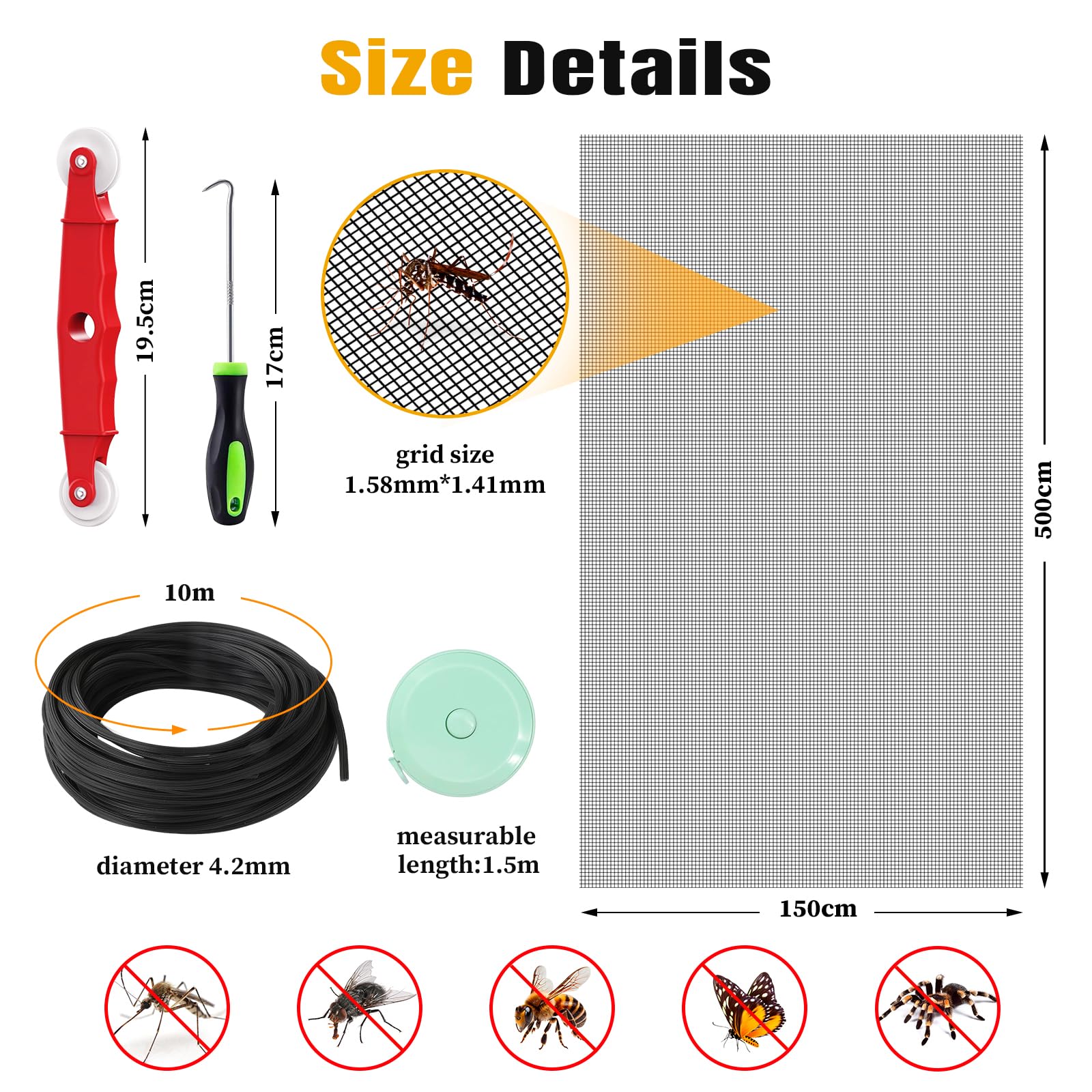 Moustiquaire Fenetre, 150x500cm Rouleau Moustiquaire sans Percage, Toile Moustiquaire avec Outils d'installation, Filet Moustiquaire Fibre de Verre Recoupable pour Fenêtre Portes-fenêtre Salon